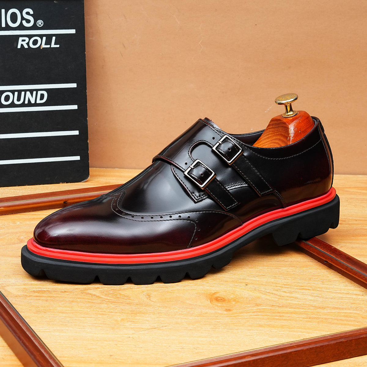 Men's Black Burgundy Double Monk Strap Leather Formal Shoes
