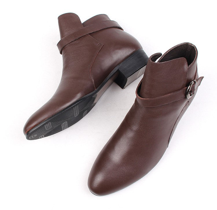 Brown leather ankle boots with side buckle strap and square-toe profile, block heel.