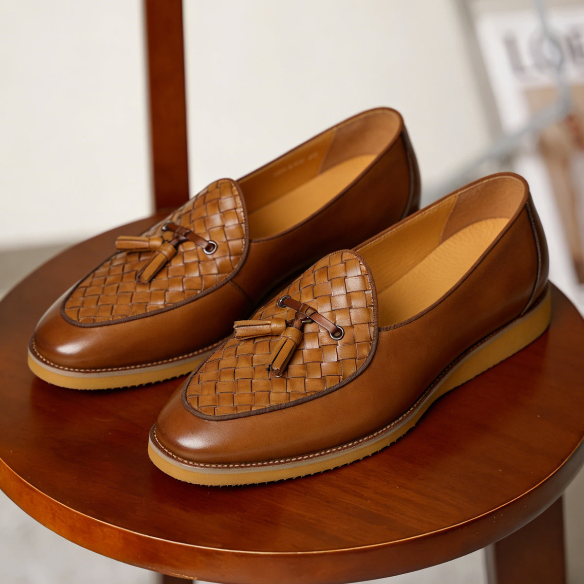 Men's Woven-Pattern Leather Tassel Dress Loafers
