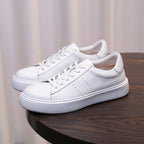 Men's genuine leather low-top sneakers, white lace-up with minimalist side stitching