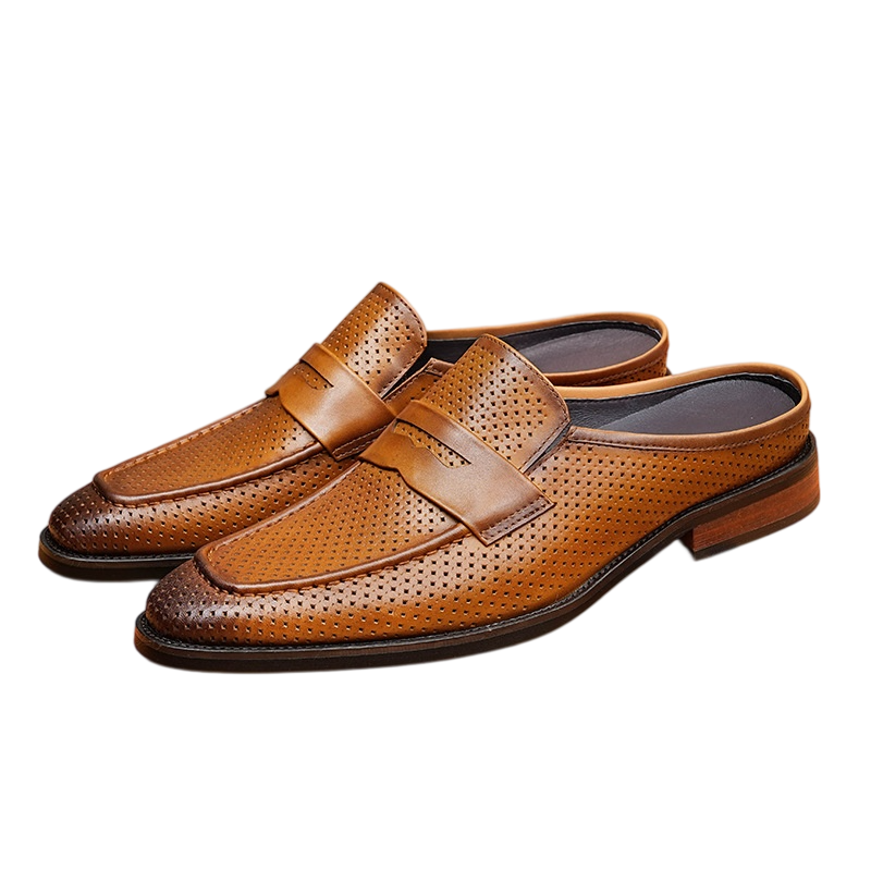 Men's Perforated Pointed Toe Leather Mule Loafers