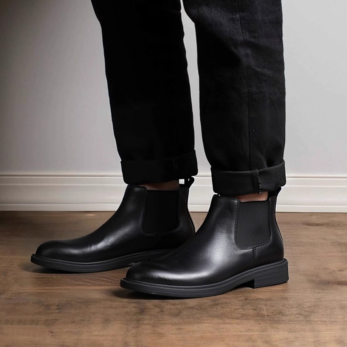 Men's Leather Plain Toe Elastic Gore Chelsea Dress Boots