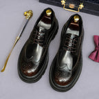 Men's leather pointed-toe derby shoes, lace-up with brogue detailing and dark patina finish.