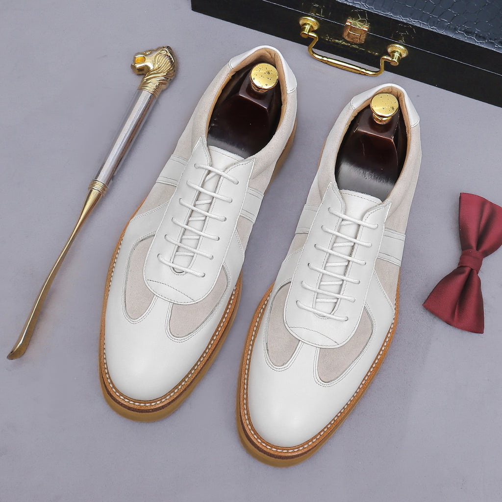 Men's white suede and leather lace-up sneakers with tan gum lug sole