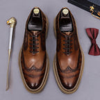 Men's chunky lug sole wingtip brogue oxford shoes, brown leather-style lace-up