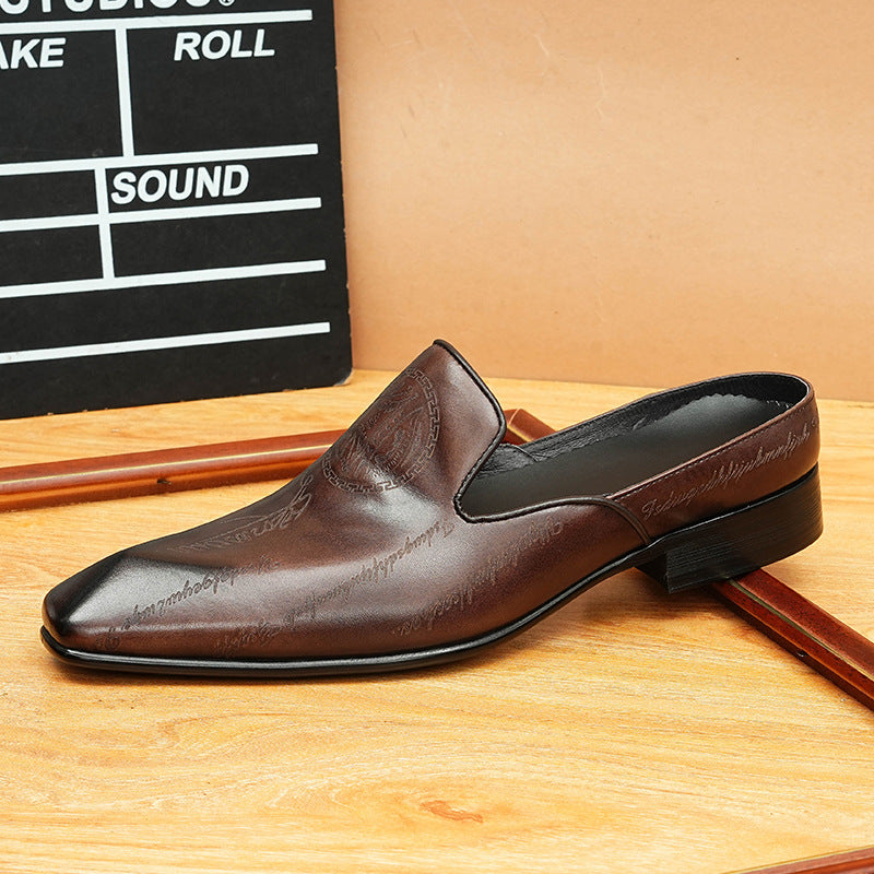 Men's Burnished Carved Leather Closed-Toe Mule Loafers