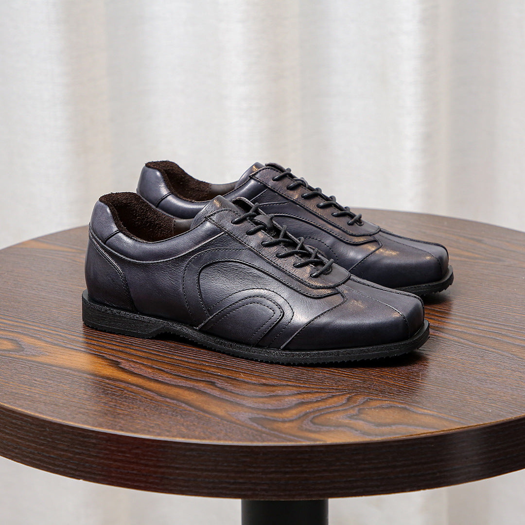 Men's genuine leather sneakers, dark gray, lace-up design with low-profile rubber sole