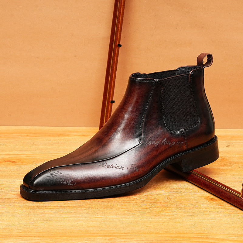 Men's Ornate Carved Pointed Toe Leather Slip-On Dress Boots