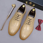 Men's leather derby dress shoes, beige with perforated detailing and tan sole