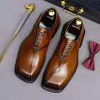 Men's chunky lug-sole wingtip brogue oxfords, dark brown leather look, lace-up.