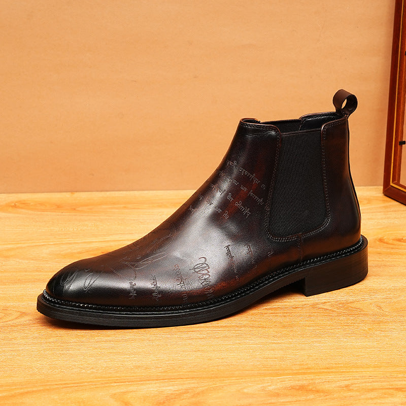 Men's Fashion Script Engraved Slip-On Chelsea Boots
