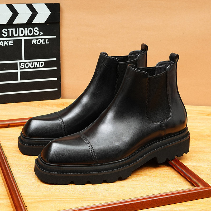 Men's Thick Sole Cap Toe Leather Chelsea Boots - Slip-On