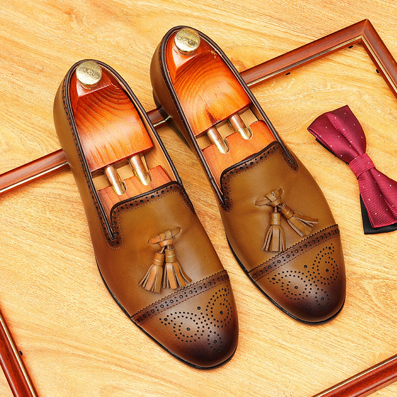 Men's Cap Toe Carved Tassel Pointed Leather Loafers