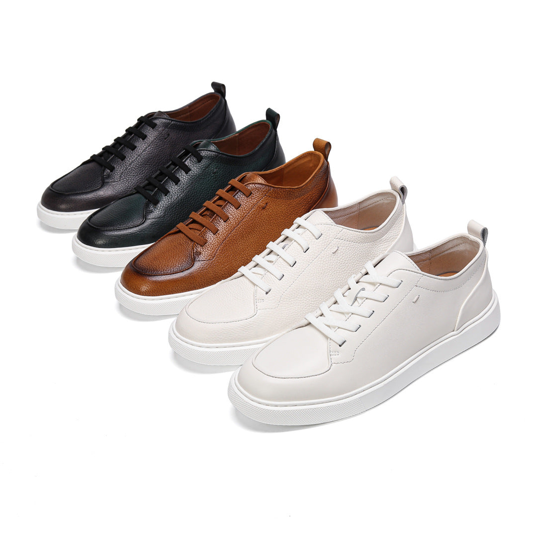 Men's genuine leather sneakers set: black, brown, and white low-top lace-up styles