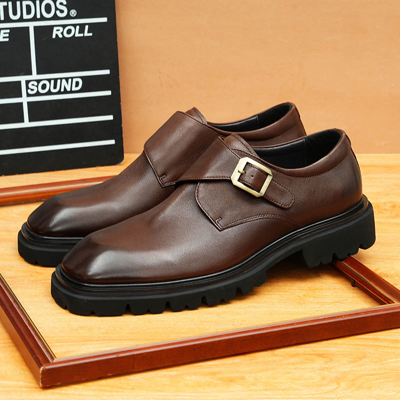 Men's Smooth Square Toe Single Monk Strap Leather Shoes
