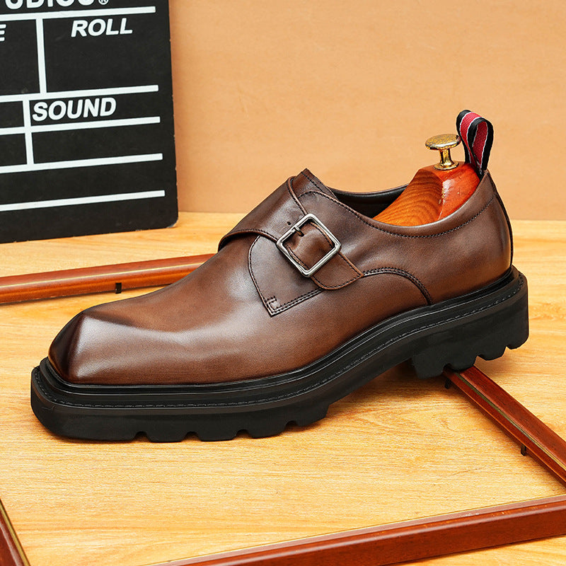 Men's Polished Square Toe Chunky Sole Single Monk Shoes