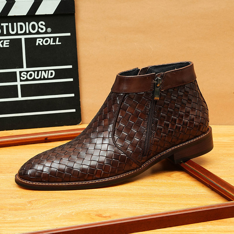 Men's Woven Pointed Toe Leather Zip Dress Boots