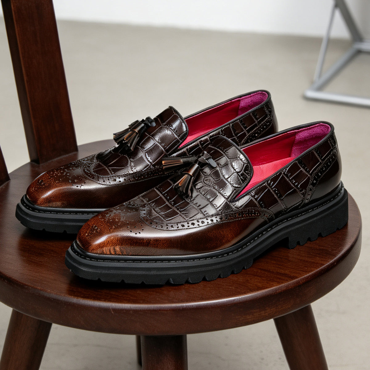 Men's Crocodile Embossed Tassel Brogue Dress Loafers