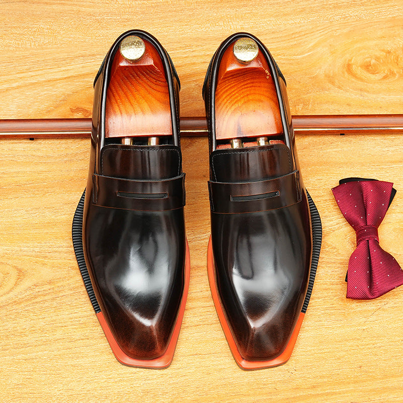 Men's Glossy Faceted Square Toe Leather Loafers