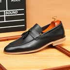 Men's Black Gray Pointed Toe Tassel Leather Loafers