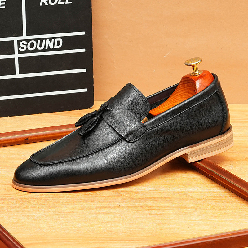 Men's Black Gray Pointed Toe Tassel Leather Loafers
