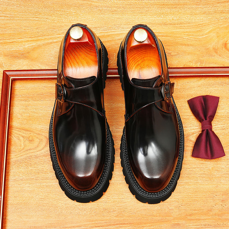 Men's Round Toe Chunky Sole Single Monk Strap Leather Shoes