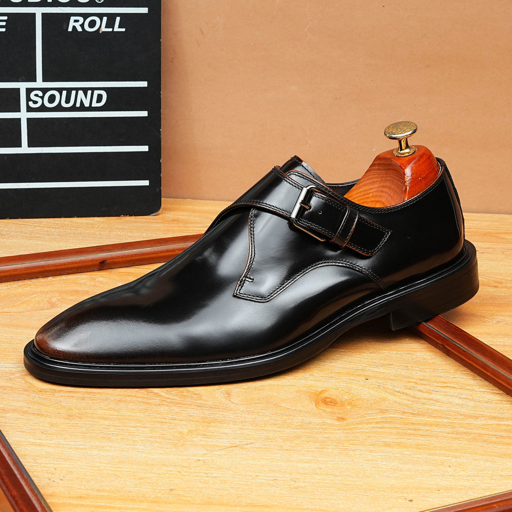 Men's Sleek Pointed Toe Single Monk Strap Leather Shoes
