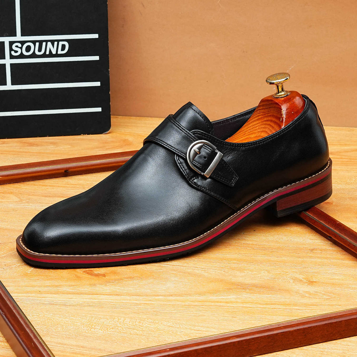 Men's Black Brown Pointed Toe Single Monk Strap Leather Shoes