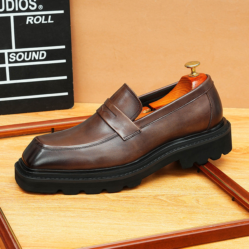Men's Square Toe Penny Strap Chunky Sole Leather Loafers