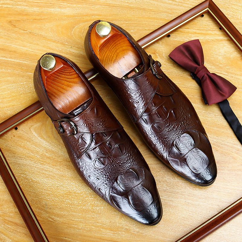 Men's Croc Embossed Pointed Toe Single Monk Leather Shoes
