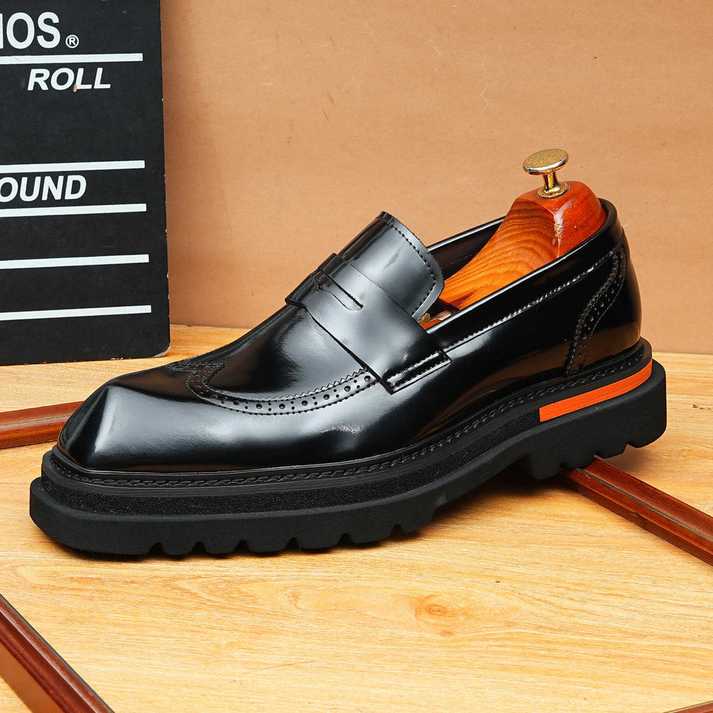 Men's Platform Brogue Leather Slip-On Dress Loafers