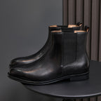 Men's chelsea dress boots, black leather, low heel, pull tab, elastic side panels
