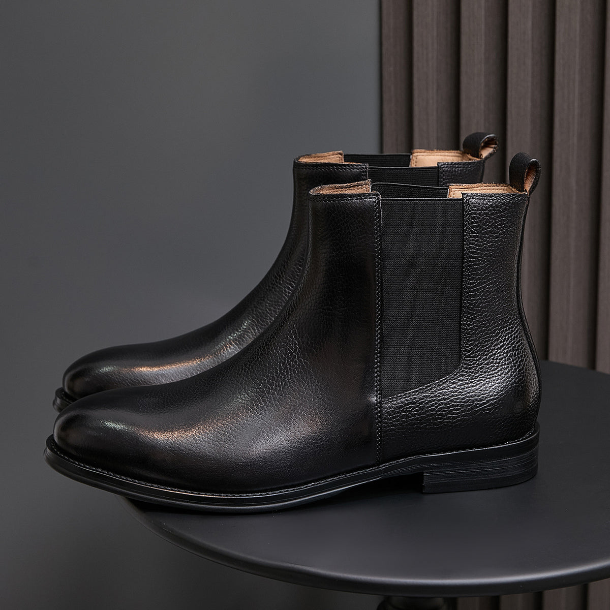 Men's chelsea dress boots, black leather, low heel, pull tab, elastic side panels