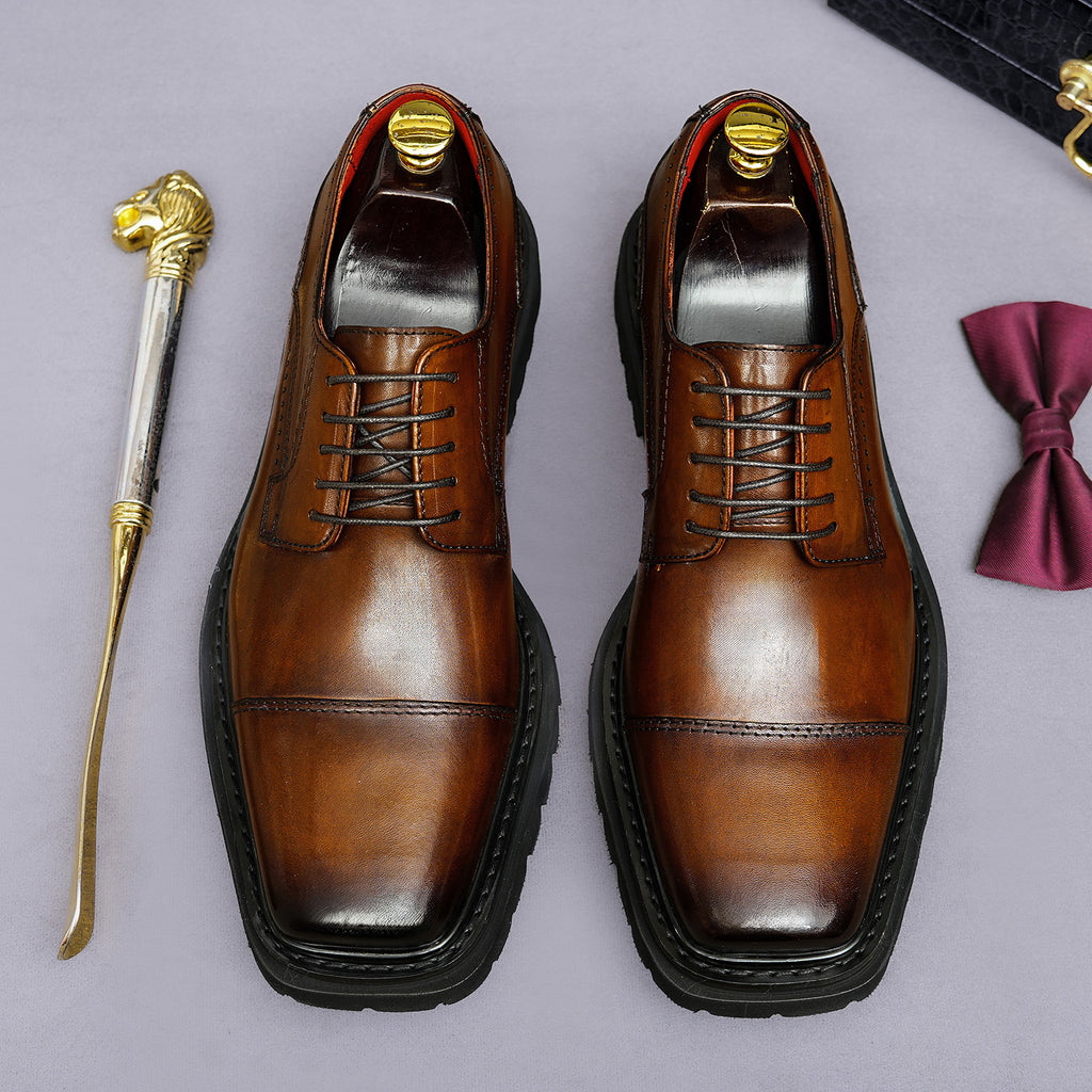 Men's Chunky Lug Sole Cap Toe Square Chisel Leather Derbies