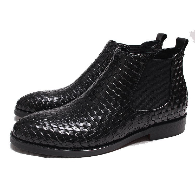 Men's black woven leather Chelsea dress boots with elastic gore and rounded toe