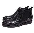 Men's black woven leather Chelsea dress boots with elastic gore and rounded toe