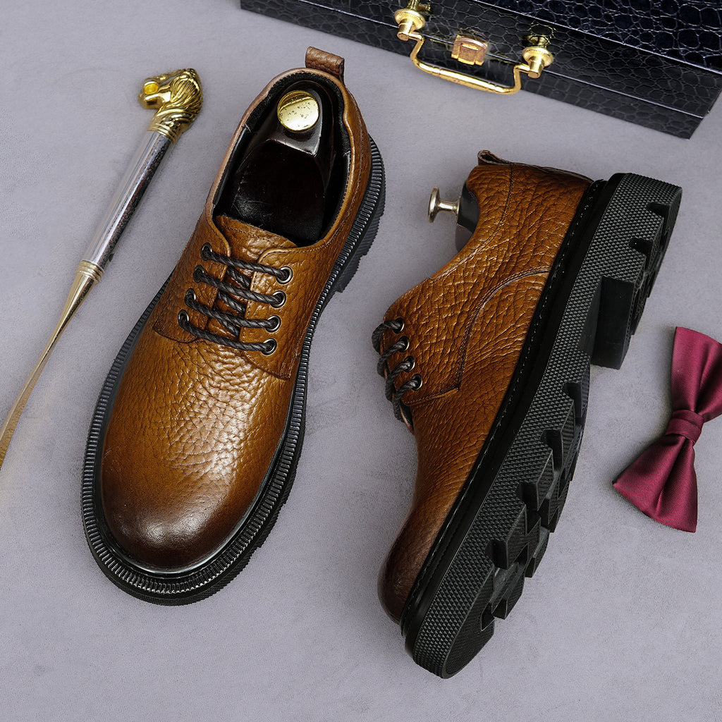 Men's pointed-toe leather derby dress shoes, dark brown, lace-up with treaded sole