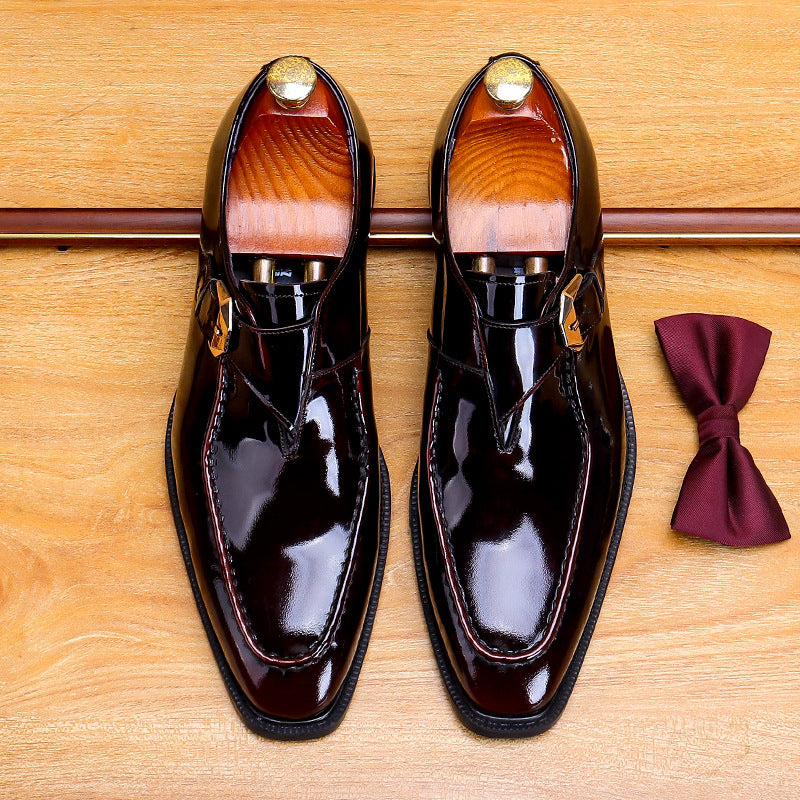 Men's Black Burgundy Pointed Toe Single Monk Strap Leather Shoes