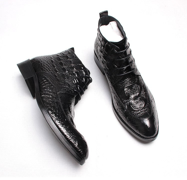 Black lace-up dress boots, glossy finish with wingtip pattern and low heel