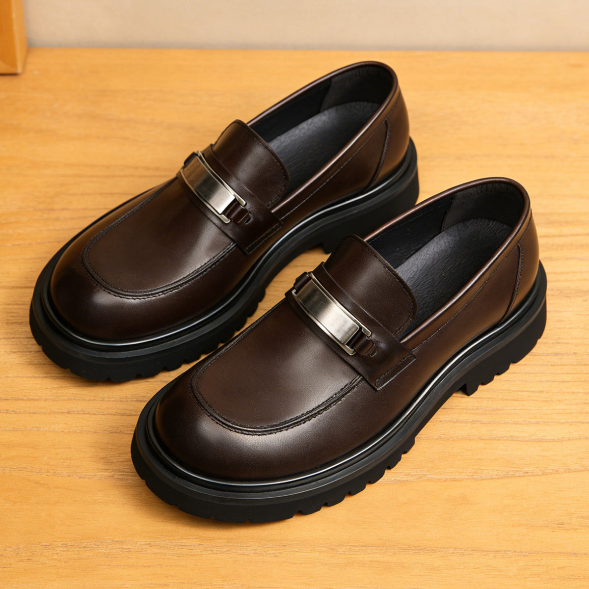 Men's Vintage Round Toe Platform Leather Dress Loafers