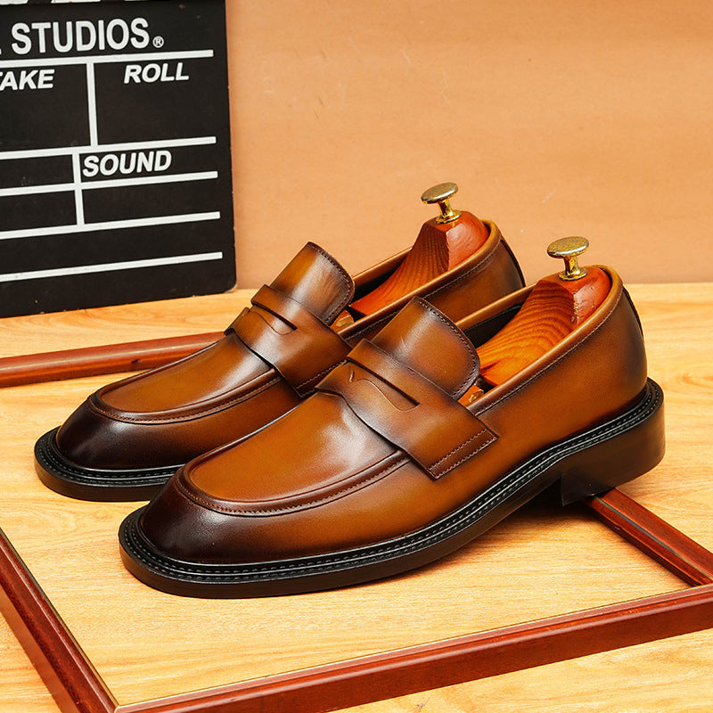 Men's Burnished-Style Broad Round Toe Leather Loafers