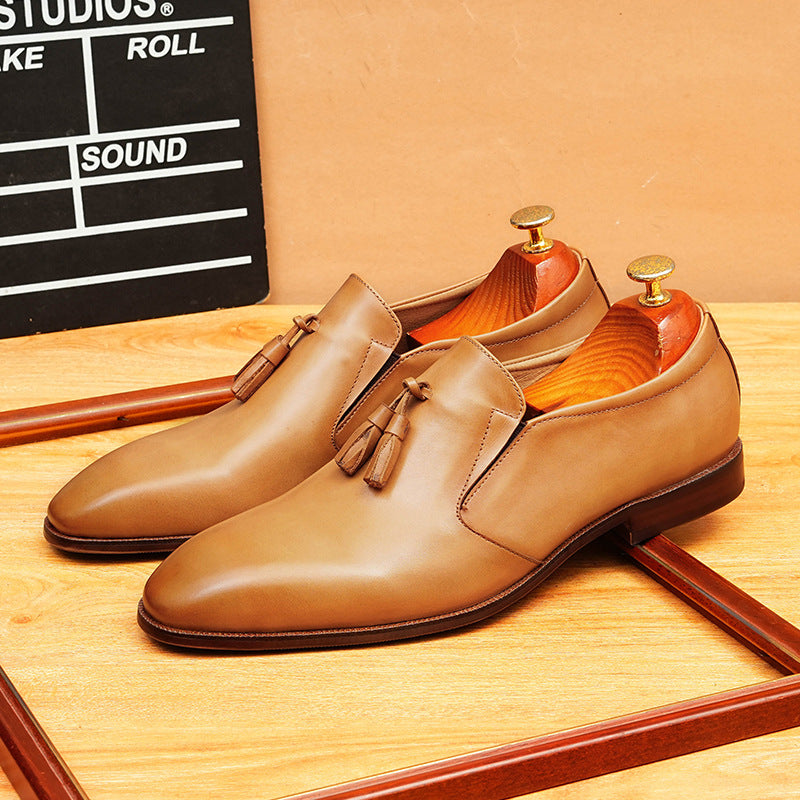Men's Burnished Pointed Toe Tassel Leather Loafers