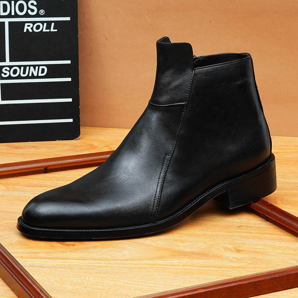 Men's Pointed Toe Leather Side-Zip Ankle Dress Boots