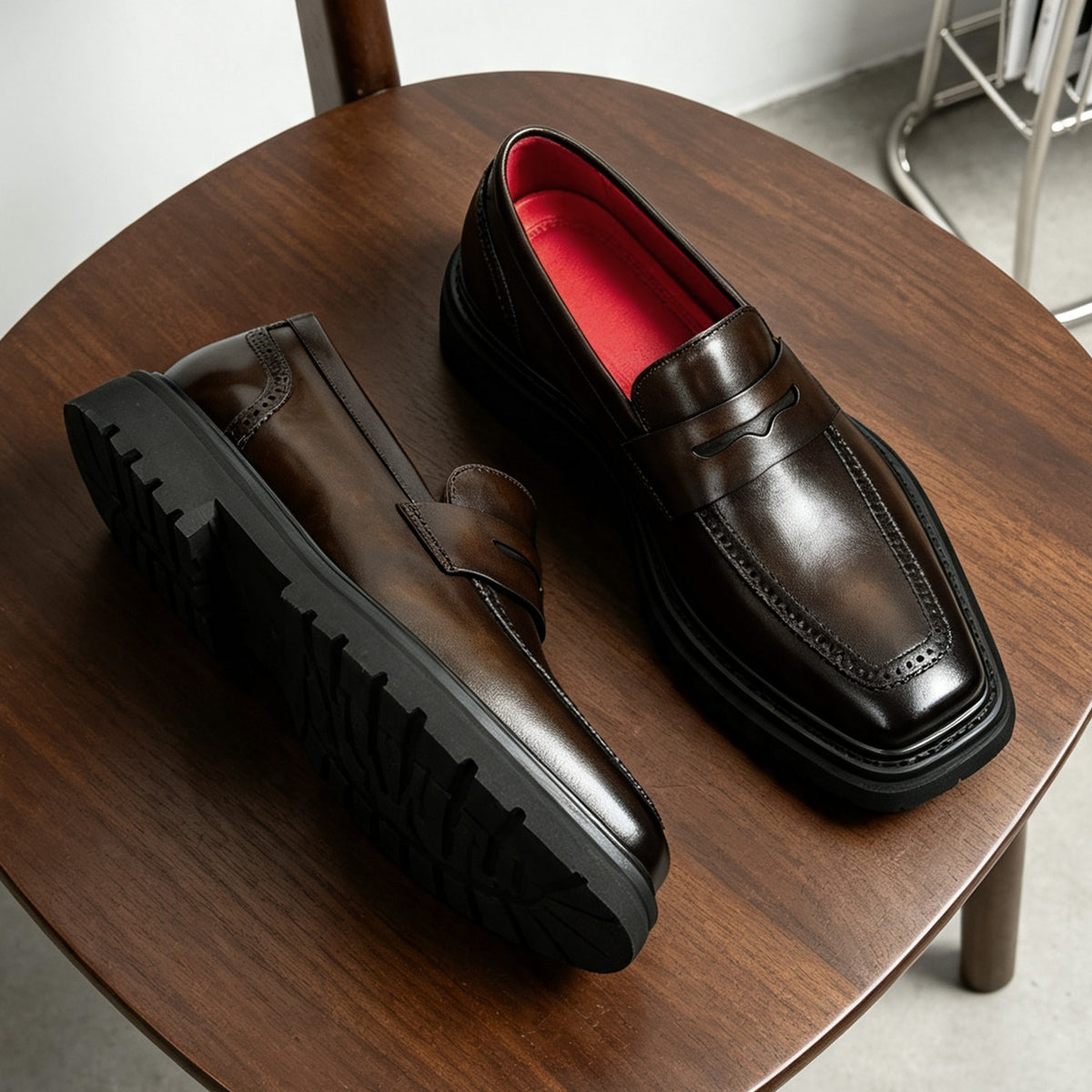 Men's Minimalist Square Toe Thick Sole Leather Loafers