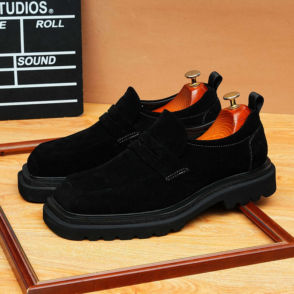 Men's Suede Broad Square Toe Platform Dress Loafers