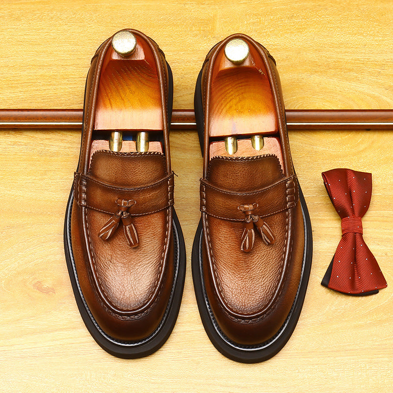 Men's Round Toe Tassel Platform Leather Dress Loafers