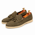 Men's rich brown suede loafers, elegant and soft slip-on casual dress shoes designed for everyday smart-casual wear.
