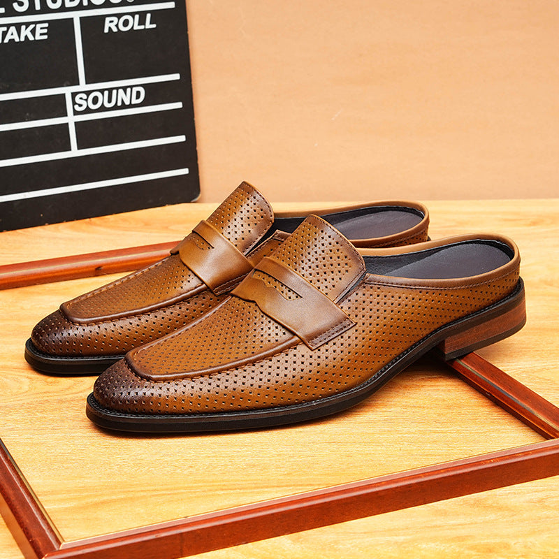 Men's Perforated Pointed Toe Leather Mule Loafers