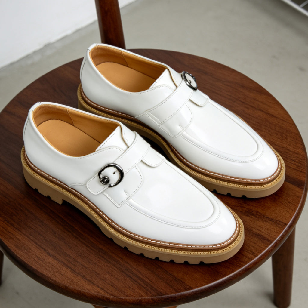 Men's Black White Pointed Toe Single Monk Strap Leather Shoes