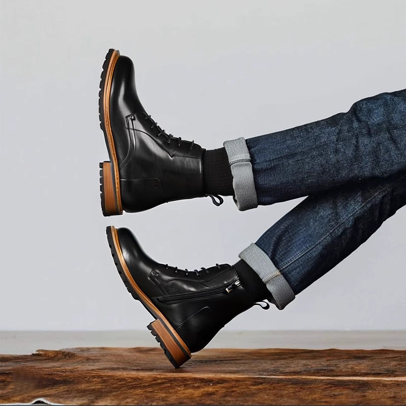 Black leather lace-up side-zip dress boots, stepping pose with jeans